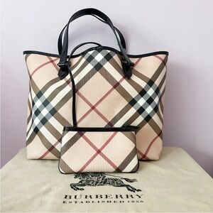 BURBERRY Authentic NICKIE Large Landscape Supernova/Black Check Tote Bag Canvas